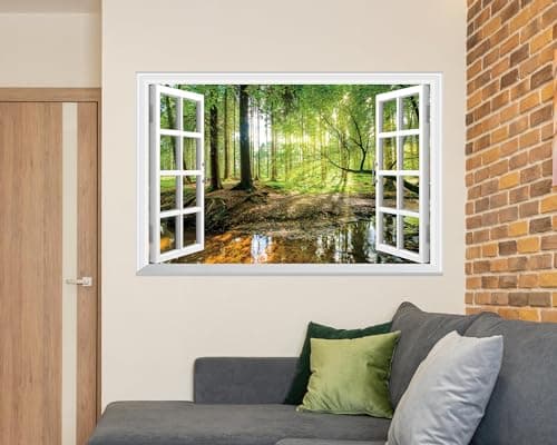 FLFK Fake Window Wall Mural - Forest Jungle Faux Window Wall Sticker for Wall Decor, Stick and Peel Wall Decals,48"x32",Set of 2 Sheets — view 5