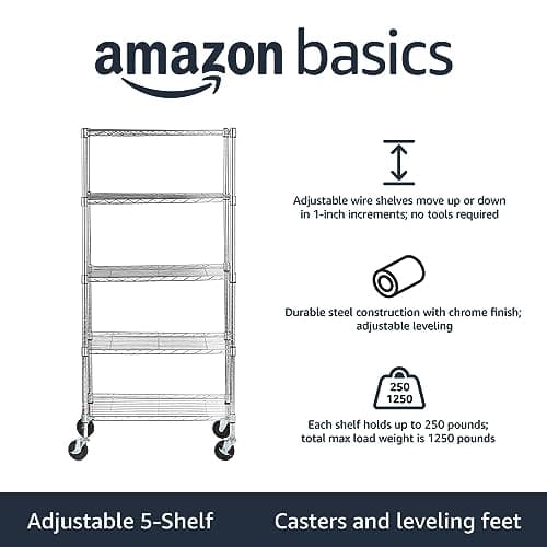 Amazon Basics 5-Shelf Adjustable, Heavy Duty Storage Shelving Unit on 4'' Wheel Casters, Metal Organizer Wire Rack, 30" L x 14" W x 64.8" H, Chrome — view 3