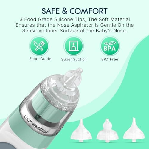 Electric Nasal Aspirator for Baby, Nose Aspirator for Toddlers, Waterproof Baby Nose Sucker, Nose Cleaner with 3 Silicone Tips, Adjustable Suction Level, Music and Light Soothing Function,Green — view 7