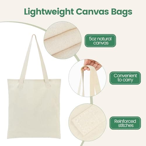 Carbrea 12 Pack Canvas Tote Bag - Lightweight Thin Tote Bags Bulk Blank Shopping Reusable Grocery Bags for DIY Gift Sublimation Activity - Beige — view 4