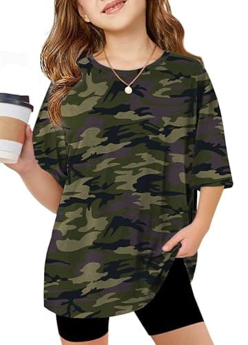 Arshiner Girls Camo Shirts Short Sleeve Casual Oversized Clothes for Girls Crewneck Soft Girl Loose Fit Shirts for Kids Camo 7-8 Years