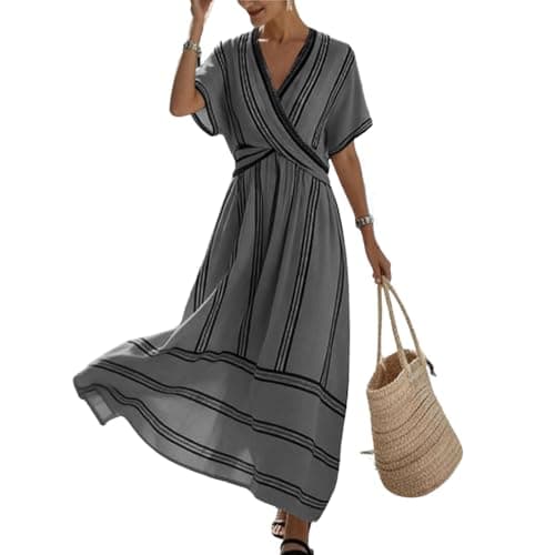 Women's Summer Boho Striped Print Midi Dress Short Sleeve Deep V Neck Criss Cross Empire Waist Flowy Beach Dress Gray-L