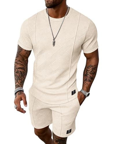 UOUA Mens Short Sets 2 Piece Summer Outfits Casual Short Sleeve Crew-Neck Shirts & Shorts Track Suit Jogging Loungewear, Beige L