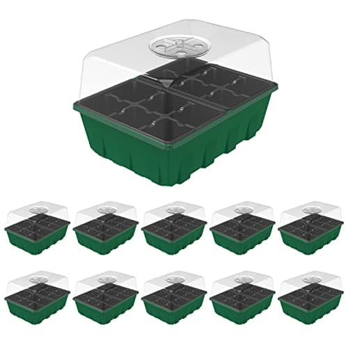 Gardzen 10-Set Garden Propagator Set, Black Seed Tray Kits with 120-Cell, Seed Starter Trays with Dome and Green Base 6.6" x 4.5" (12-Cell Per Tray)