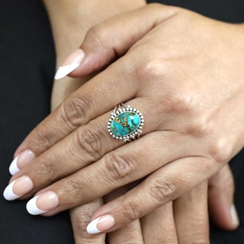 JEWELOPORIUM Copper Blue Turquoise Silver Ring Size 7.5, 925 Sterling Silver Ring for Women, Oval Stone Boho Jewelry — view 2