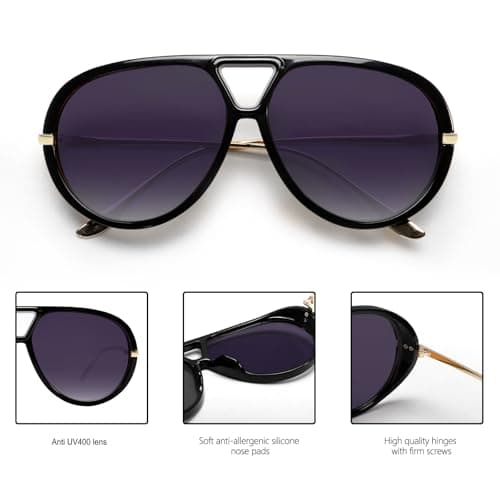 GUVIVI Retro Gold Aviator Sunglasses for Women Men, 2026 Metal Oversized 70s Aviators Black Vacation Beach Sun Glasses — view 4