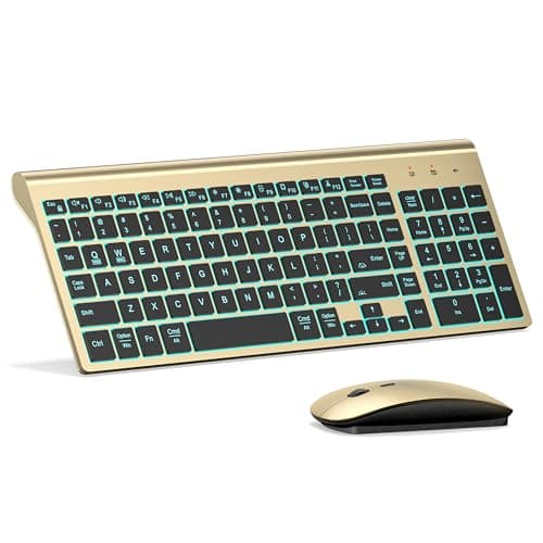 Wireless Backlit Keyboard and Mouse Ultra Slim Combo, TopMate 2.4G Silent Compact 2400DPI Mouse and Scissor Switch Keyboard Set, Batteries Included, for PC/Laptop/Windows/Mac/Gaming - BL Gold Black