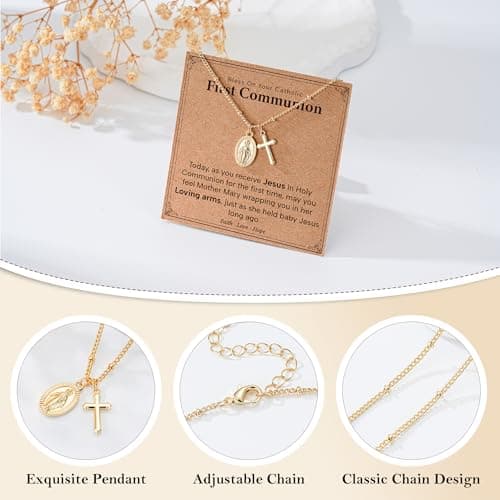 Jesvo Catholic First Communion Gifts for Girls, Virgin Mary Cross Charm Necklace 1st Holy Communion Decorations Gifts Ideas Christian Religious Jewelry for Teen Teenage Kids Age — view 3