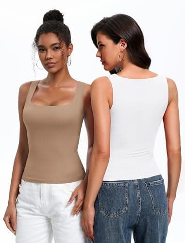 Avidlove Womens Built in Bra Tank Tops Double Lined U Neck Strechy Basic Summer Trendy Going Out Top(White M) — view 4