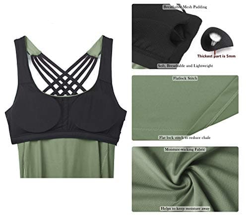 icyzone Yoga Tops Workouts Clothes Activewear Built in Bra Tank Tops for Women (M, Olive) — view 4