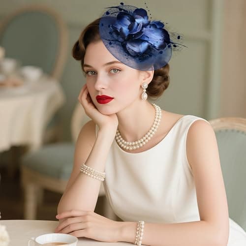 Haakong 20s Fascinators Hat for Women Tea Party Headpiece Mesh Feathers Hair Clip for Bridal Wedding (Dark Blue) — view 3