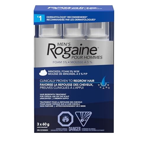 Rogaine Men's Hair Regrowth Treatment with 5% Minoxidil Foam - Clinically Tested for Male Pattern Baldness - 3-Month Supply, Quick-Dry Formula, 3x 60g Canisters