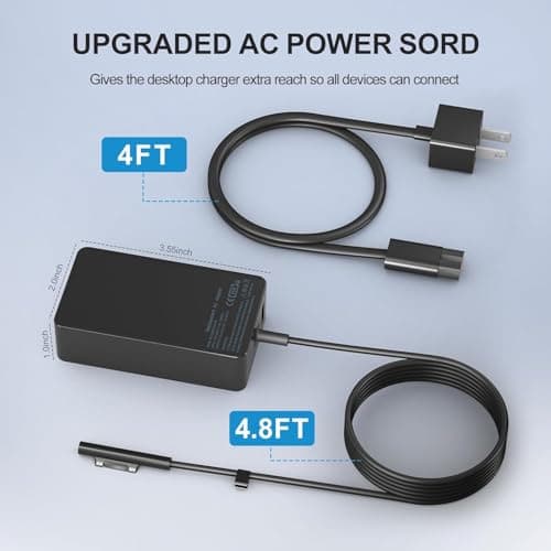YURCIPWE Surface Pro Charger 65W, Surface Laptop Charger Compatible with Microsoft Surface Pro 11/10/9/8/7+/7/6/5/4/X, Surface Laptop 7/6/5/4, Surface Book 3/2, Surface Go 3/2/1 with 8.8ft Power Cord — view 5