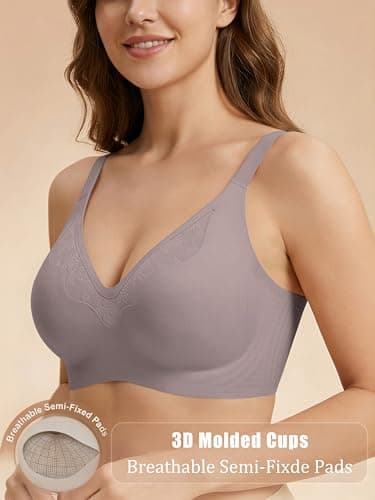 Showyoo Women's Seamless Jelly Bras Full Coverage Bralette No Underwire Comfort T-Shirt Bra with Lace Panel Insert Gray XL — view 2