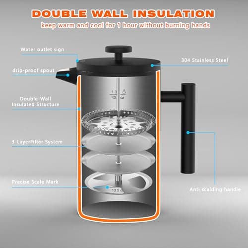 Miscedence French Press Coffee Maker, 4-Layer Filtration, Double Wall 304 Stainless Steel Coffee Press, Heat Resistant Rust-Proof, Multi-Use for Coffee Tea Espresso Home Office Travel — view 2