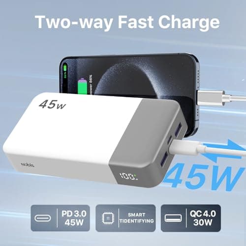 NOBIS Portable Charger, 20000mAh Power Bank, 45W Power Bank Fast Charging, Battery Pack with C to C Cable, Battery Bank with Digital Display for iPhone Android Laptop etc (White) — view 5