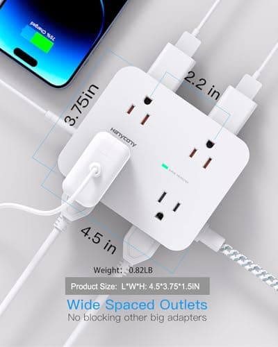 Surge Protector Power Strip - HANYCONY 8 Outlets 4 USB (2 USB C) Charging Ports, Multi Plug Outlet Extender, 5Ft Braided Extension Cord, Flat Plug Wall Mount Desk Charging Station for Home Office ETL — view 3