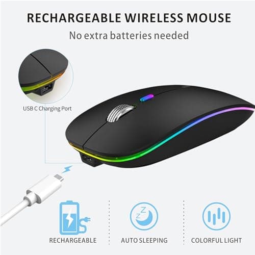 Uiosmuph LED Wireless Mouse, G12 Slim Rechargeable Silent Mouse, 2.4G Portable USB Optical Computer Mice with USB Receiver and Type C Adapter (Matte Black) — view 4