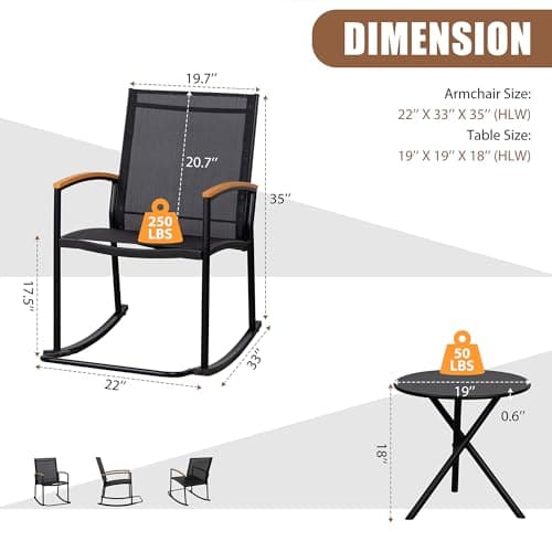 Shintenchi 3 Piece Outdoor Rocking Bistro Set, Textilene Fabric Small Patio Furniture Set, Front Porch Rocker Chairs Conversation Set with Table for Lawn, Garden, Balcony, Poolside (Black) — view 2
