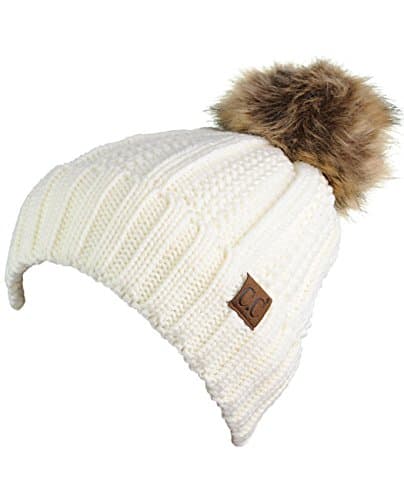 C.C Thick Cable Knit Faux Fuzzy Fur Pom Fleece Lined Skull Cap Cuff Beanie, Ivory — view 2