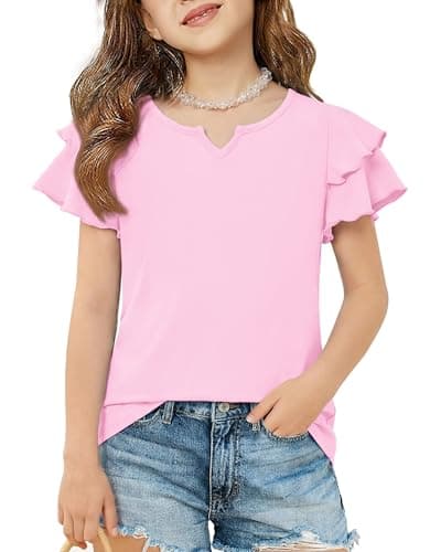 Arshiner Clothes for Girls Ruffle Short Sleeve Shirts Cute Little V Neck Tops Dress Shirts Summer Toddler Girls Tee Pink 5 Years