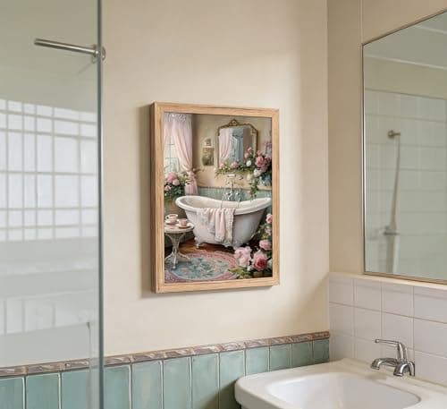 Pink Flowers Theme Bathroom Canvas Wall Art Vintage Bathtub Painting Picture Wall Decor Floral Botanical Poster Print Artwork for Toilet bedroom Restroom Home Decoration — view 3