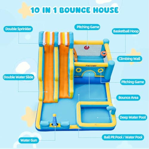 FINCOME Inflatable Bounce House, 10 in 1 Double Water Slide Bounce House with 750W Blower, Climbing Wall, Jumping, Water Gun, Splash Pool, Basketball Hoop for Kids Indoor Outdoor Backyard — view 4