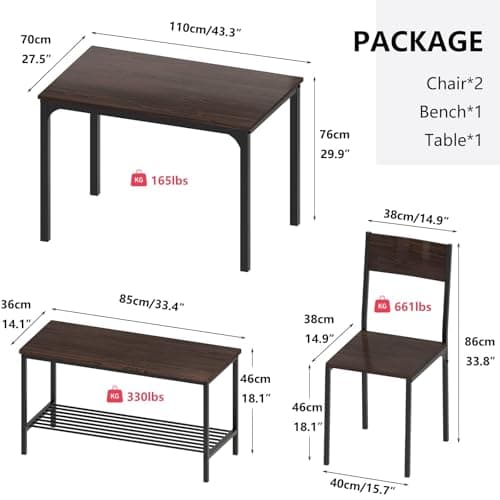 SDHYL Dining Table Set for 4 with Two Chairs and One Bench 4 Pieces Set Wooden Table Top with Metal Legs for Breakfast in Living Room, Kitchen Room, Dining Room,Space Saving Kitchen Table Set