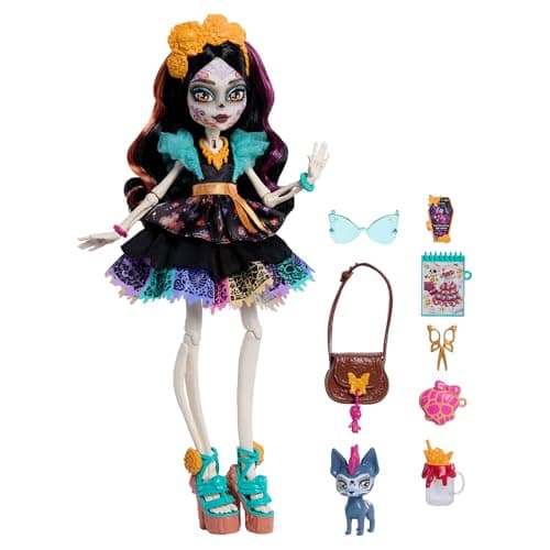 Monster High Doll, Skelita Calaveras in Colorful Papel Picado Dress with Pet Dog Candelita and 7 Accessories Like Sketch Book, Snack and Messenger Bag — view 4