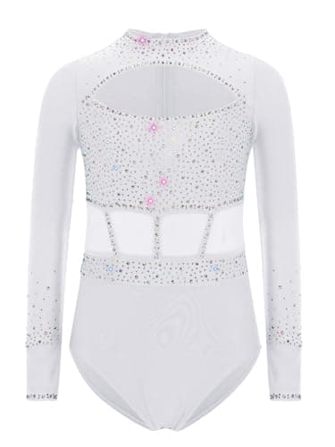 Xroufi Gymnastics Leotard for Girls Sparkle Diamond Long Sleeve Dance Bodysuit Biketard Training Practice Outfit White 8