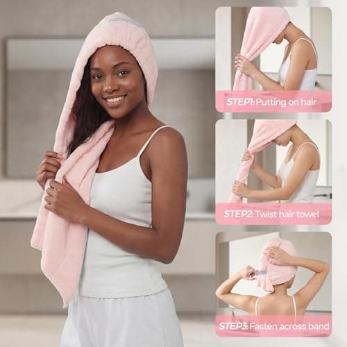 REDKISS 2 Pack Microfiber Hair Towel Wrap for Women, Super Absorbent Quick Dry Hair Turban for Thick Long Curly Hair, Large Stay-Put Anti-Frizz Hair Drying Towels, Pink Blue Gray — view 3