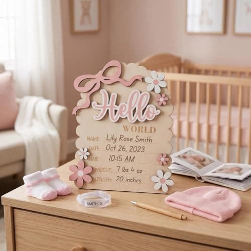Hello World Baby Sign, Double-Sided Wooden Baby Announcement Sign, Pink Bow Newborn Birth Plaque for Photo Props Nursery Keepsake Shower Gift — view 5