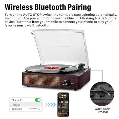 Vinyl Record Player Turntable with Built-in Bluetooth Receiver & 2 Stereo Speakers, 3 Speed 3 Size Portable Retro Record Player for Entertainment and Home Decoration — view 2