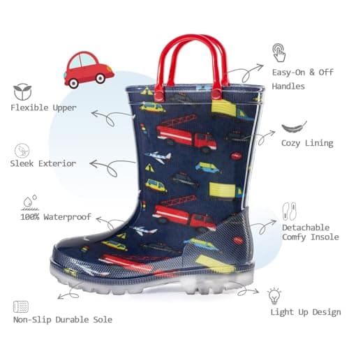 EUXTERPA Kids Toddler Light Up Rain Boots Boys Waterproof Patterns and Glitter Boots with Easy On Handles, Car, Toddler Size 10 — view 2