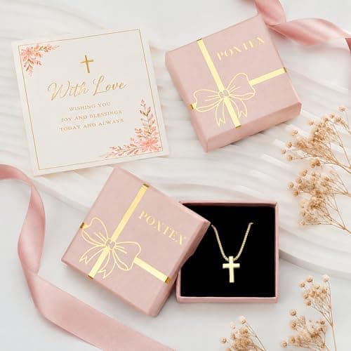 Poxtex Gold Cross Necklace for Women Teen Girls Dainty Cute 14K Gold Plated Small Cross Pendant Trendy Jewelry Non Tarnish Waterproof Simple Necklace Religious Christian Baptism Jesus Faith Gifts — view 6