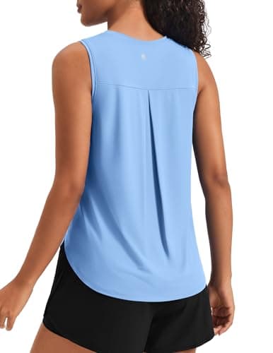 PINSPARK Women's Workout Tank Tops Back Pleat Loose Fit Sleeveless Yoga Athletic Shirts Soft UPF 50+ Cooling Running Gym Tops, Light Blue, Medium