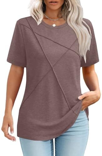 isermeo Womens Short Sleeve Shirts Pleated Crew Neck Casual Summer Fashion Lady Tops Loose Beach Vacation Coffee XL