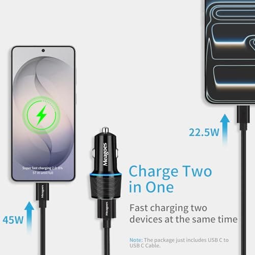 67.5W Car Charger USB C Super Fast Charging, 45W USBC & QC3.0 Port Plug for iPhone 17 Pro Max/Air/16/15/iPad, Samsung S26/S25 Android Cell Phone, Dual 12V Cigarette Lighter Adapter+ 3.3ft Type C Cable — view 2