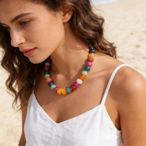 Bowdcvy Chunky Beaded Statement Necklace for Women Trendy Colorful Boho Resin Bead Choker Necklaces Summer Handmade Jewelry Gifts Accessories (Colorful - 1) — view 3
