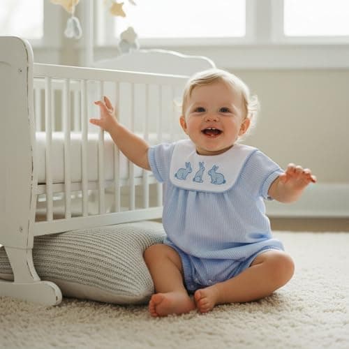 Baby Boy Easter Romper Clothes Short Sleeve Bunny Embroidery Jumpsuit Newborn Playsuit Outfits (Blue, 0-3 Months) — view 6