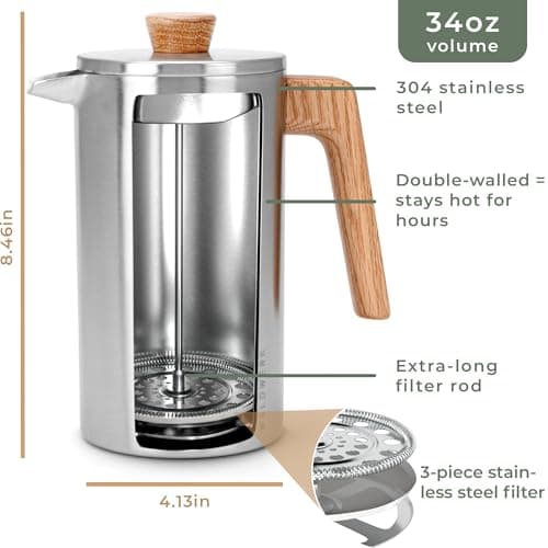WALDWERK French Press (34 oz) - Non-Toxic Stainless Steel Double Wall French Press Coffee Maker - Plastic Free Coffee Press with Oak Wood Handle - No Plastic — view 5