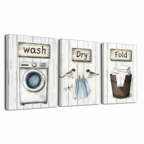 ZXHYWYM 3Pcs Laundry Room Canvas Wall Art Rustic Farmhouse Laundry Sign Picture Prints Wash Dry Fold Art Poster Vintage Country Paintings Gray White Bathroom Decor (30x40cmx3 Pieces)
