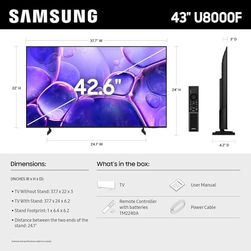 Samsung 43-Inch Class Crystal UHD U8000F 4K Smart TV (2025 Model) Endless Free Content, Processor, MetalStream Design, Knox Security, Alexa Built-in
