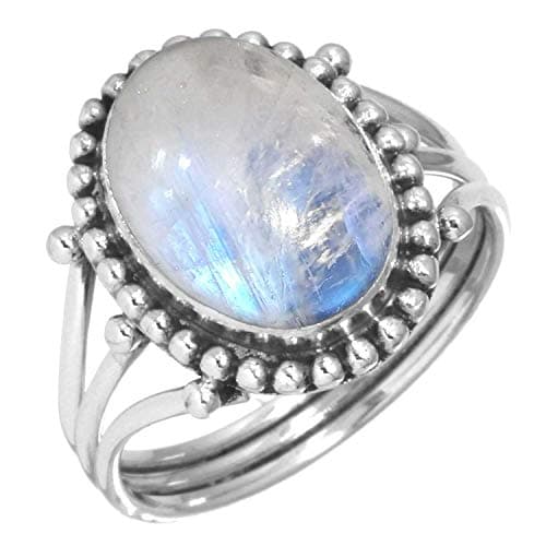 JEWELOPORIUM White Moonstone Silver Ring Size 10.5, 925 Sterling Silver Ring for Women, Genuine Oval Stone Boho Jewelry