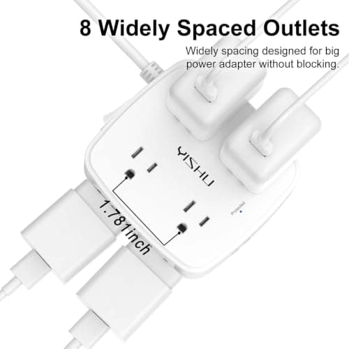 6 Ft Surge Protector Power Strip - 8 Widely Outlets with 4 USB Ports, 3 Side Outlet Extender with 6 Feet Extension Cord, Flat Plug, Wall Mount, Desk USB Charging Station, ETL,White — view 2