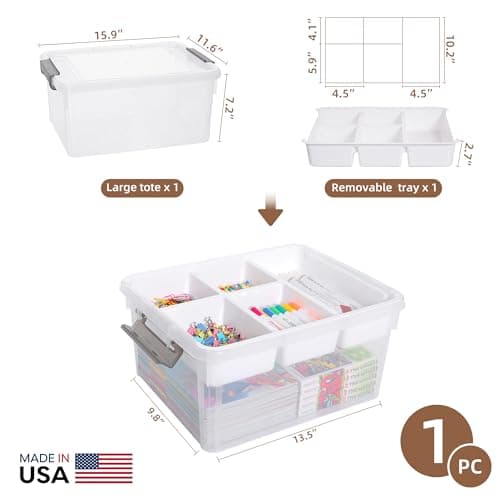 Citylife 17 QT Plastic Storage Box with Removable Tray Craft Organizers and Storage Clear Storage Container for Organizing Bead, Tool, Sewing, Playdoh, Coloring Books, Markers