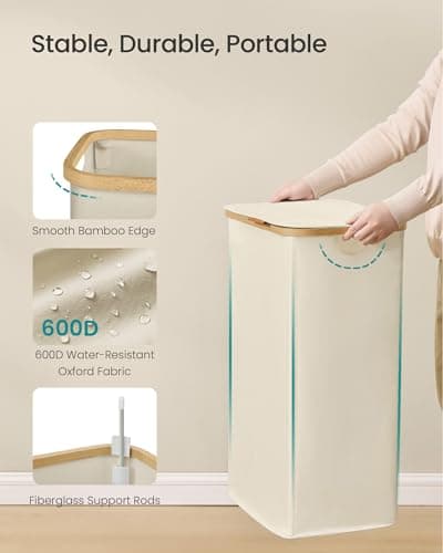 SONGMICS Laundry Hamper, Laundry Basket with Lid, Foldable Storage Basket, Bamboo Frame, for Bedroom, Living Room, Oxford Fabric, 26.4 Gal. (100 L), Cream White ULCB518WD01 — view 4