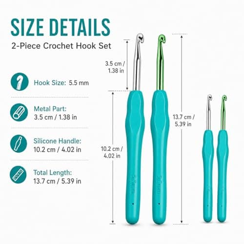 2-Pack 5.5mm Crochet Hooks, Ergonomic Soft Grip Knitting Needles for Arthritis Hands & Beginners, Extra Long Smooth Aluminum Hooks for Yarn Crafts (Size 5.5mm)