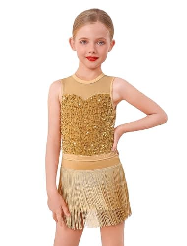 IWEMEK 2PCS Latin Jazz Hip Hop Dance Outfits for Girls Sequin Velvet Fringe Bodysuit Tassel Skirt Ballroom Dress Dancewear, Gold, 9-10 Years