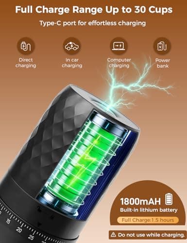 Aswitye Portable Electric Coffee Grinder with 40 Adjustable Settings, 1800mAh Rechargeable Battery and Faster Grinding, Coffee Bean Grinders with Cleaning Brush for Camping, Travel, Office, Home — view 3